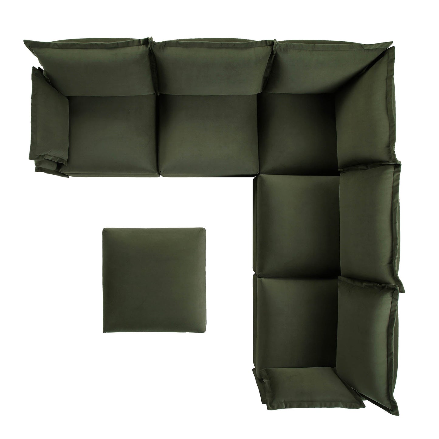 Byron Pillow Edge Moss Green Velvet Modular Sofa, 5-Seater Corner & Stool Set