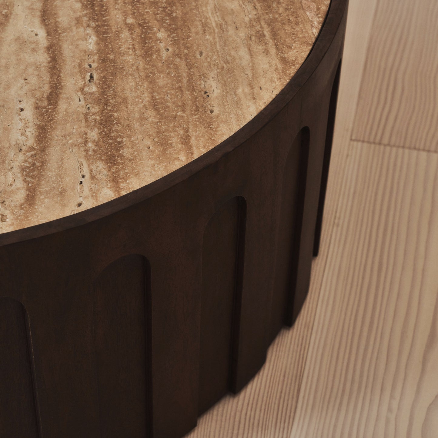 Valor - Beige Travertine Round Dark Wood Premium Coffee Table