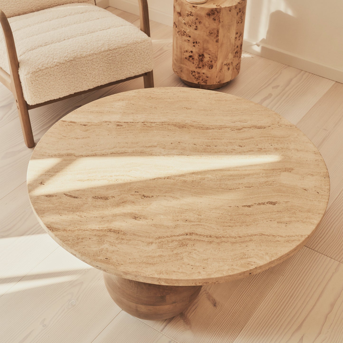 Melrose - Beige Travertine Round Warm Wood Premium Coffee Table