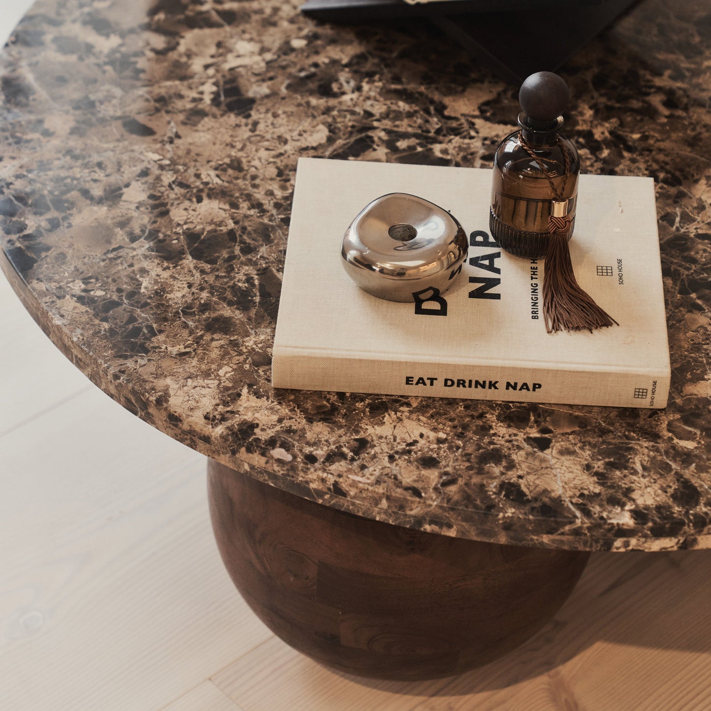 Melrose - Dark Emperador Marble Round Dark Wood Premium Coffee Table