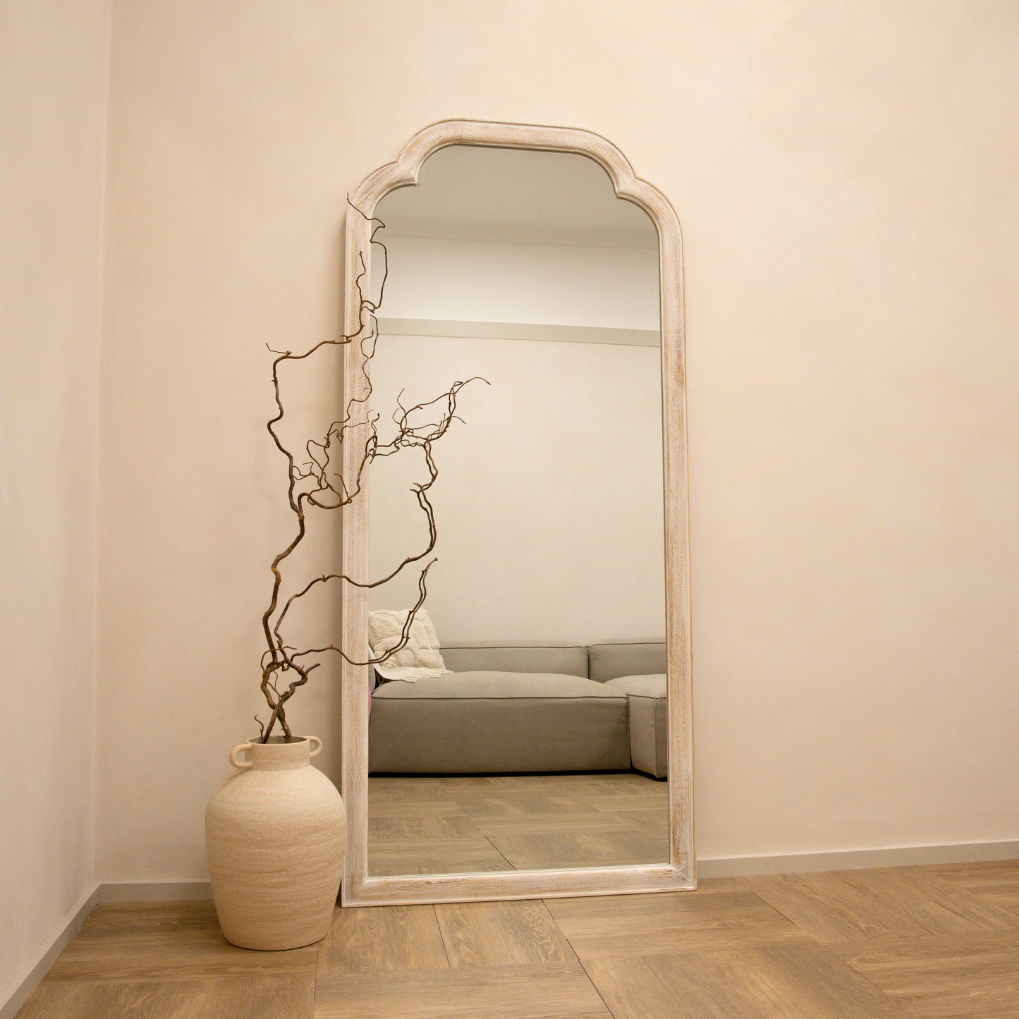 Elena - Full Length White Washed Wood Arched Mirror 170cm x 75cm