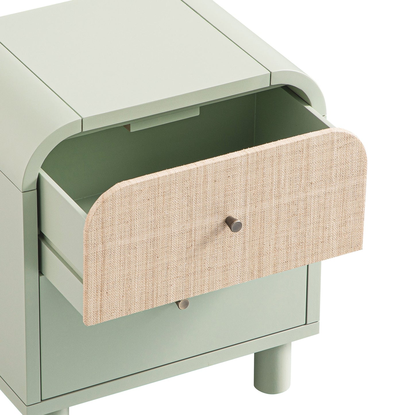 Maude 2 Drawer Bedside Table, Muted Pistachio Ash with Raffia