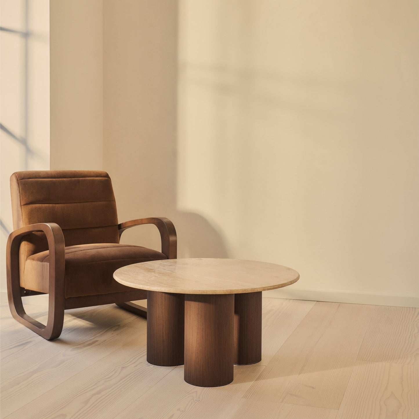 Trivium - Beige Travertine Round Dark Wood Premium Coffee Table