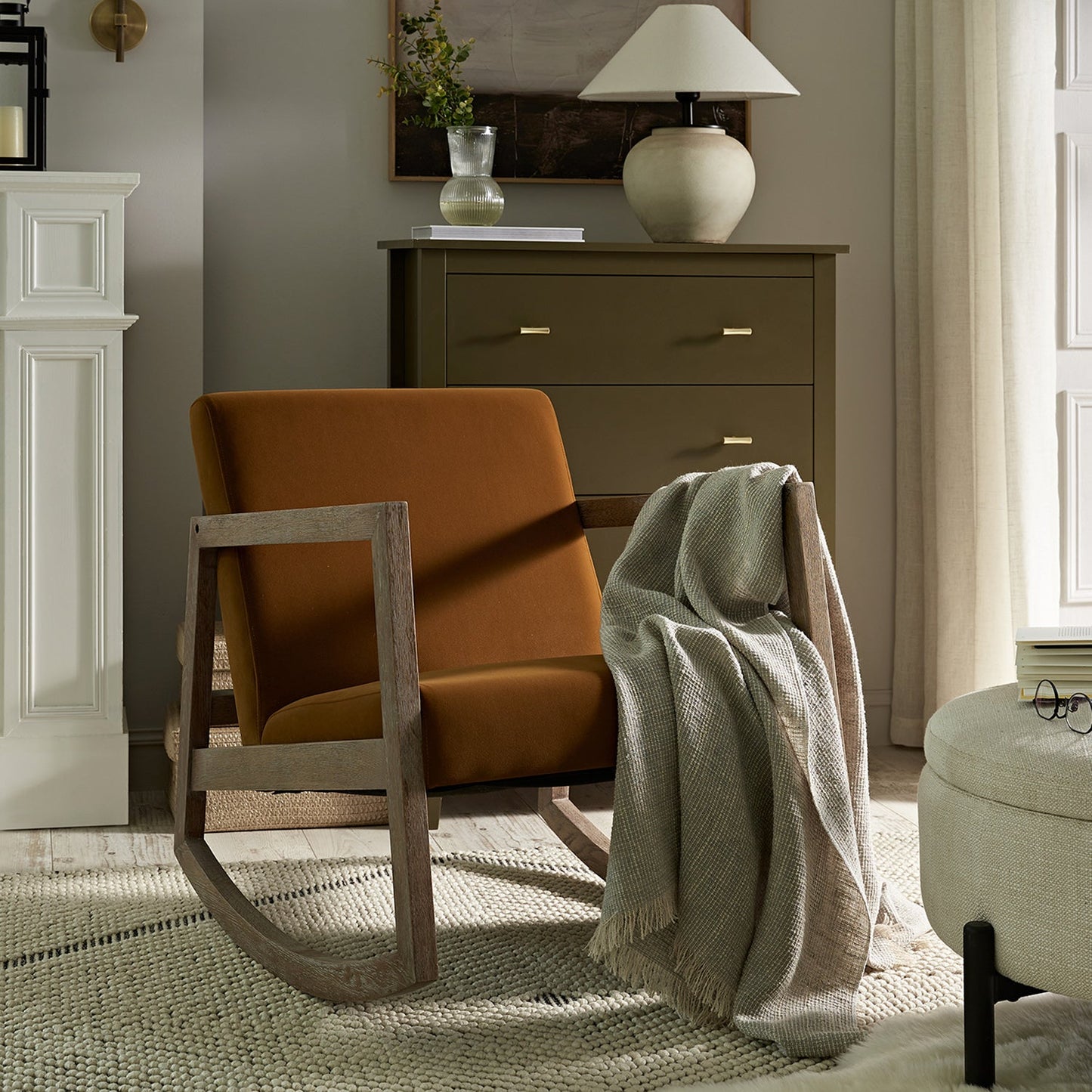 Fyne Cinnamon Velvet Rocking Weathered Oak Armchair