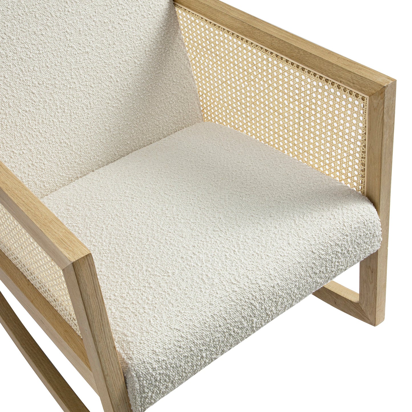 Fyne Ecru Boucle Rocking Natural Oak Armchair with Rattan Armrests