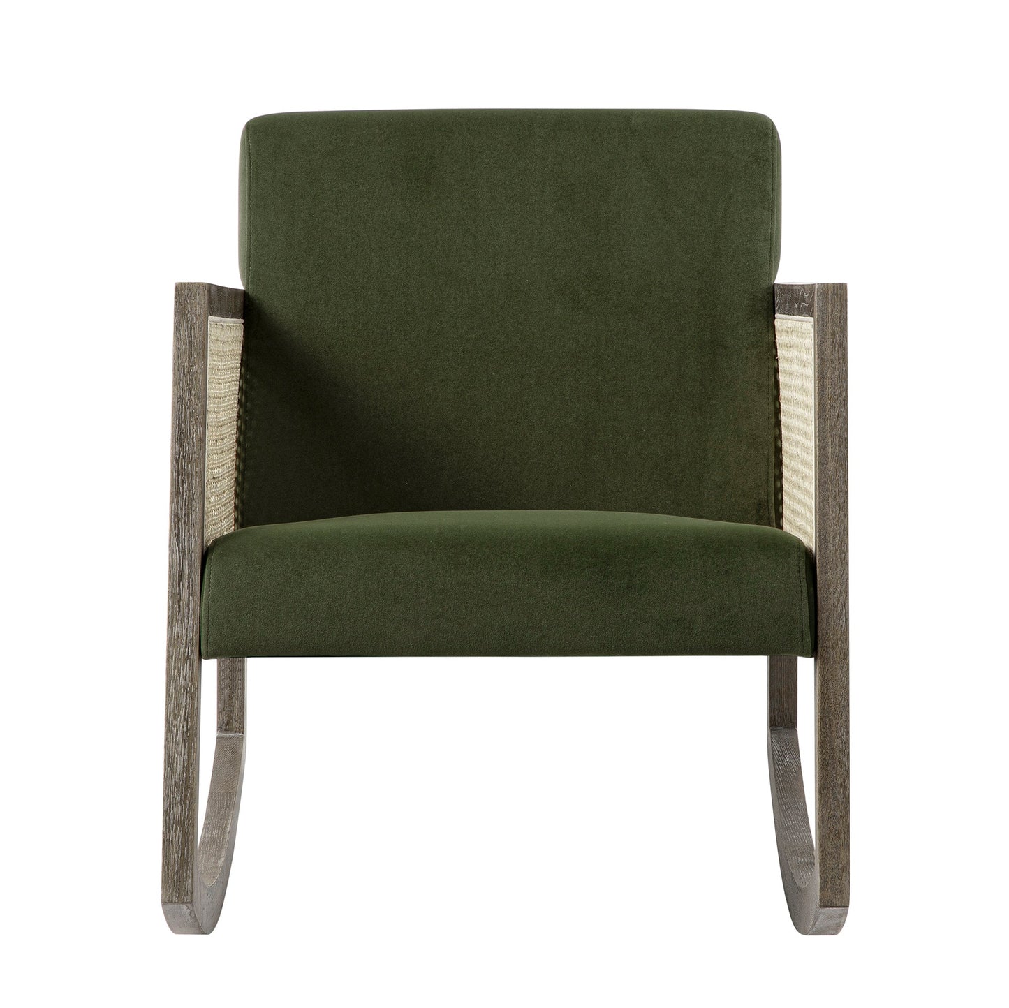 Fyne Moss Green Velvet Rocking Weathered Oak Armchair with Rattan Armrests
