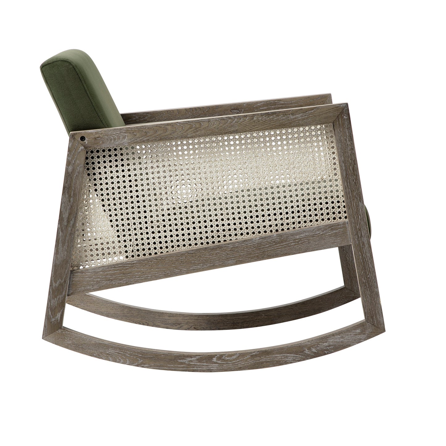 Fyne Moss Green Velvet Rocking Weathered Oak Armchair with Rattan Armrests