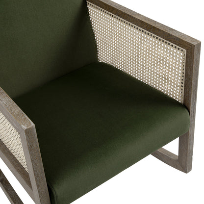 Fyne Moss Green Velvet Rocking Weathered Oak Armchair with Rattan Armrests