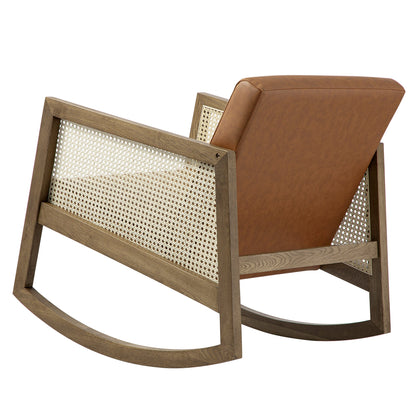 Fyne Tan Faux Leather Rocking Light Walnut Armchair with Rattan Armrests