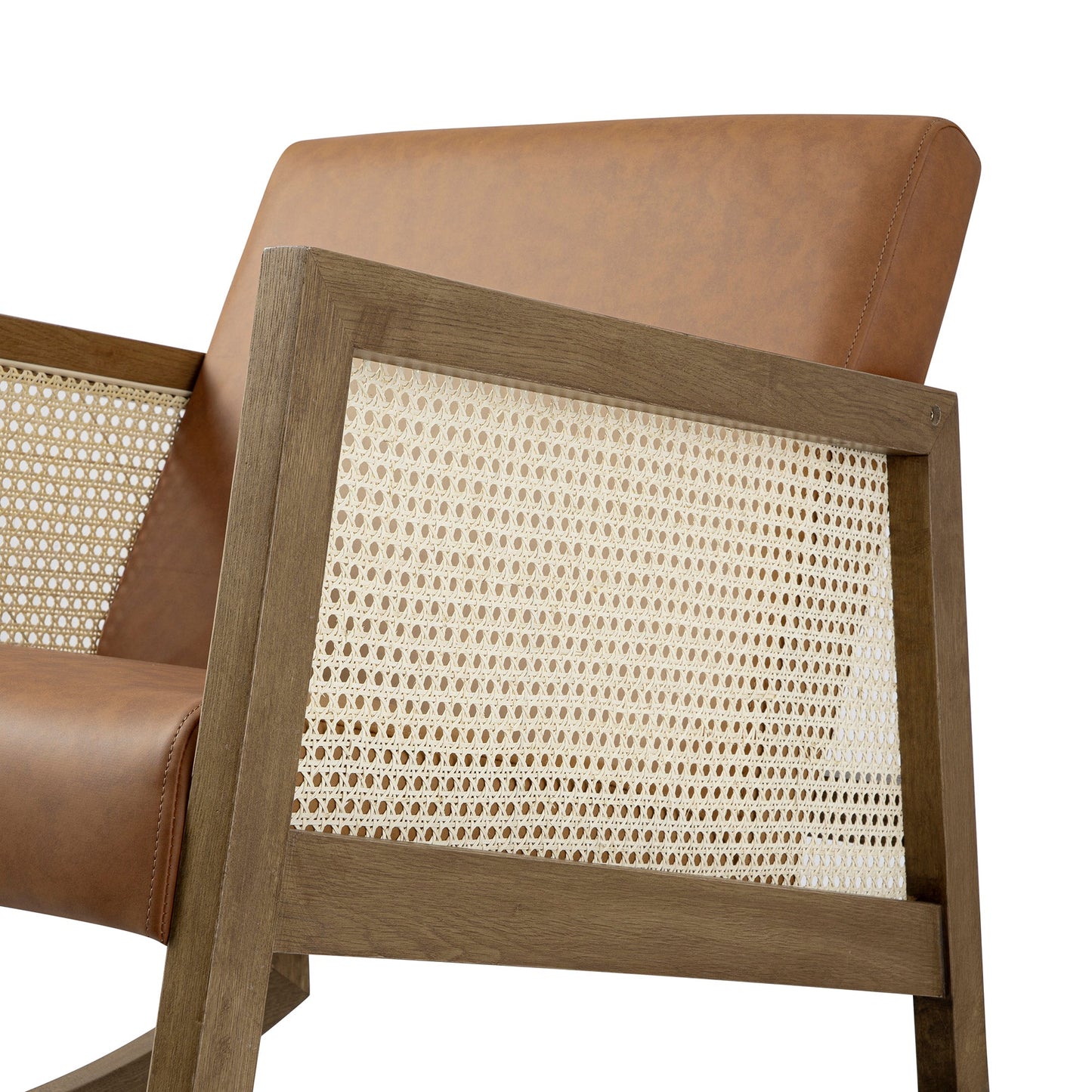 Fyne Tan Faux Leather Rocking Light Walnut Armchair with Rattan Armrests