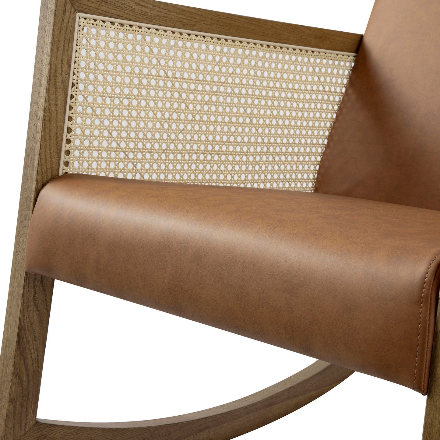 Fyne Tan Faux Leather Rocking Light Walnut Armchair with Rattan Armrests
