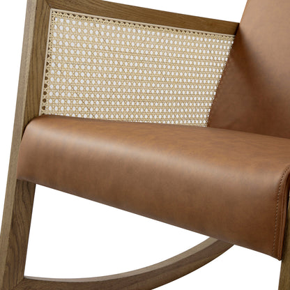 Fyne Tan Faux Leather Rocking Light Walnut Armchair with Rattan Armrests