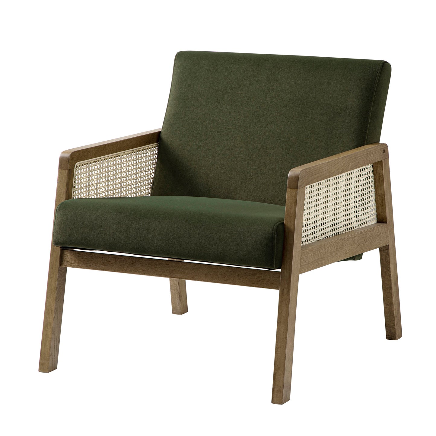 Fyne Moss Green Velvet Light Walnut Frame Rattan Armchair