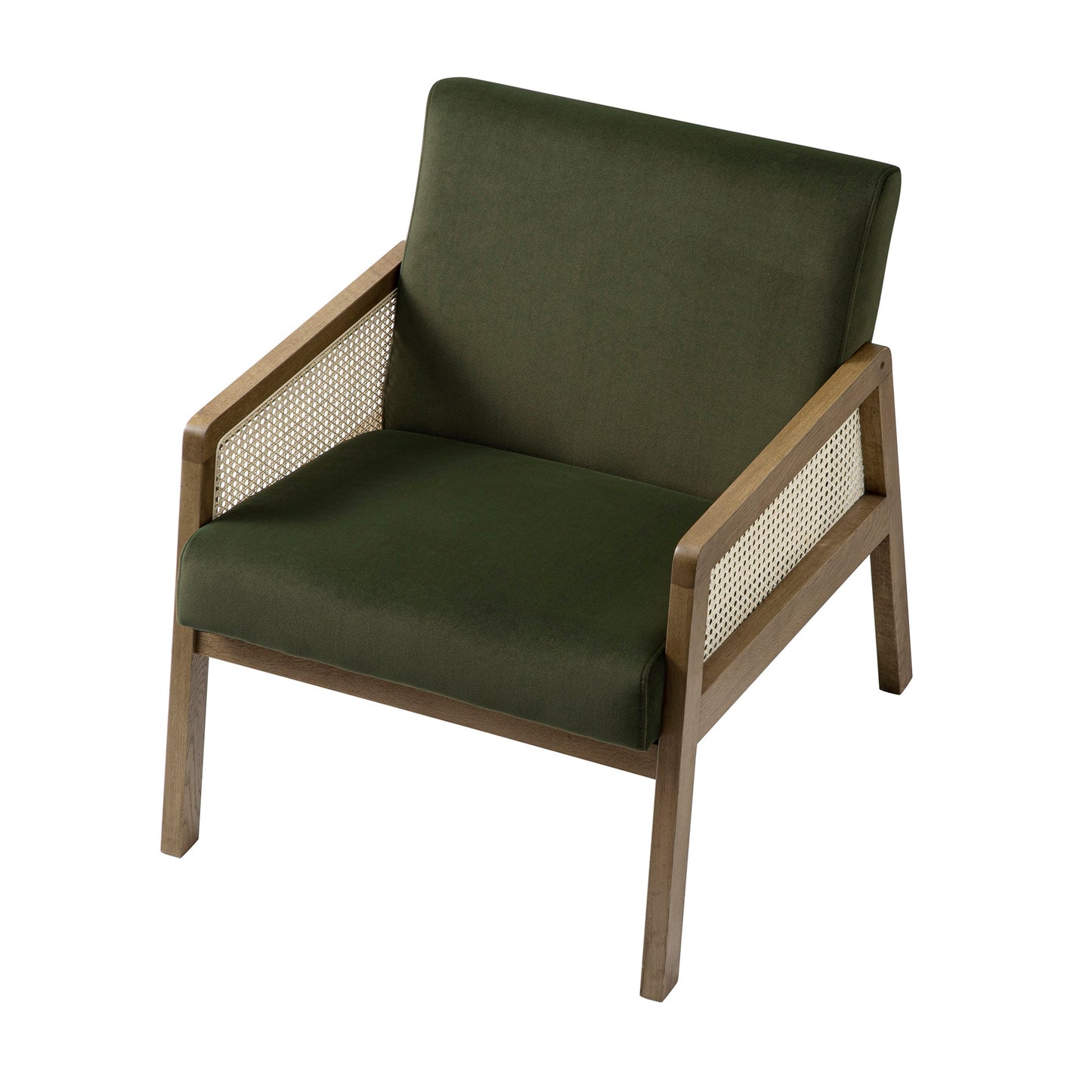 Fyne Moss Green Velvet Light Walnut Frame Rattan Armchair