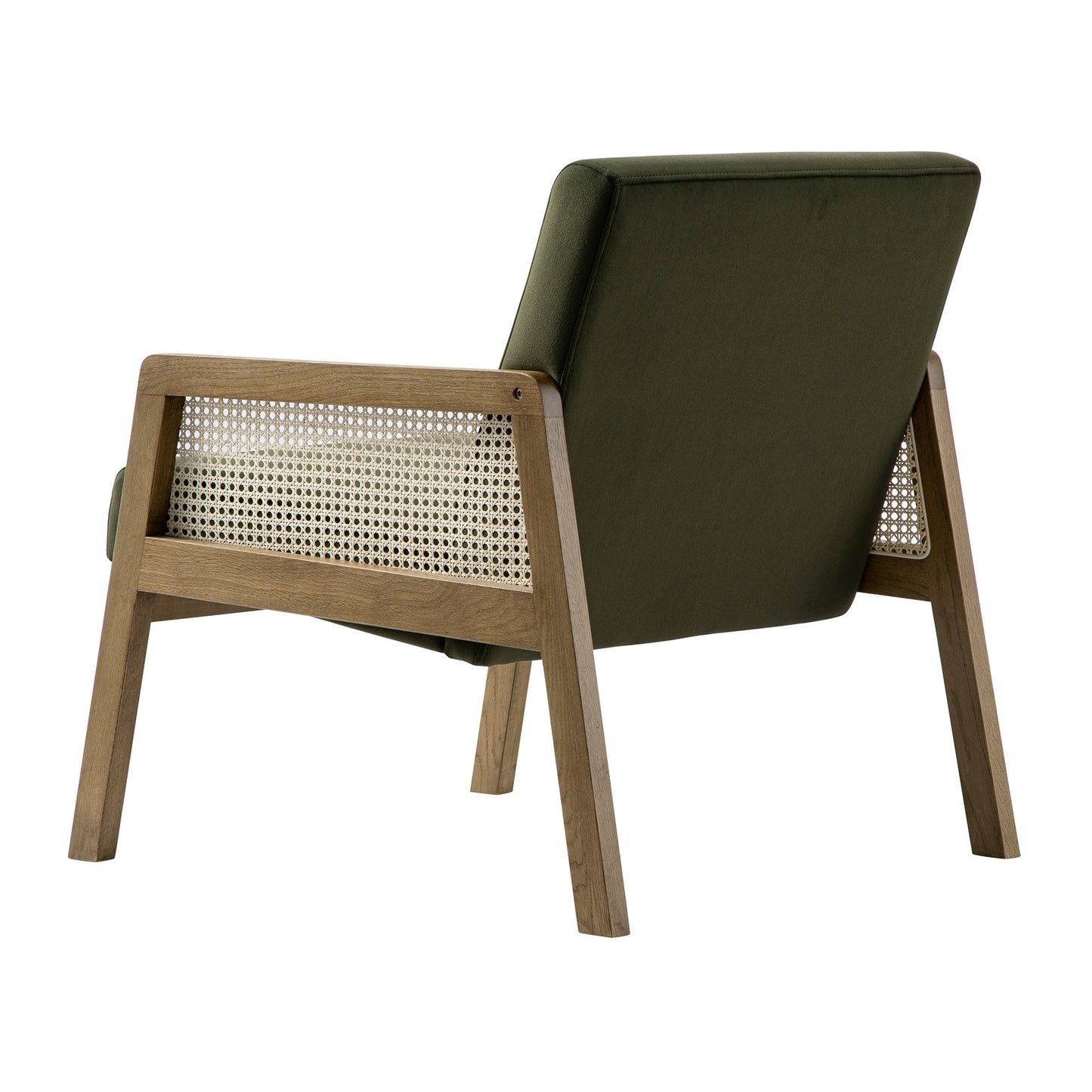 Fyne Moss Green Velvet Light Walnut Frame Rattan Armchair