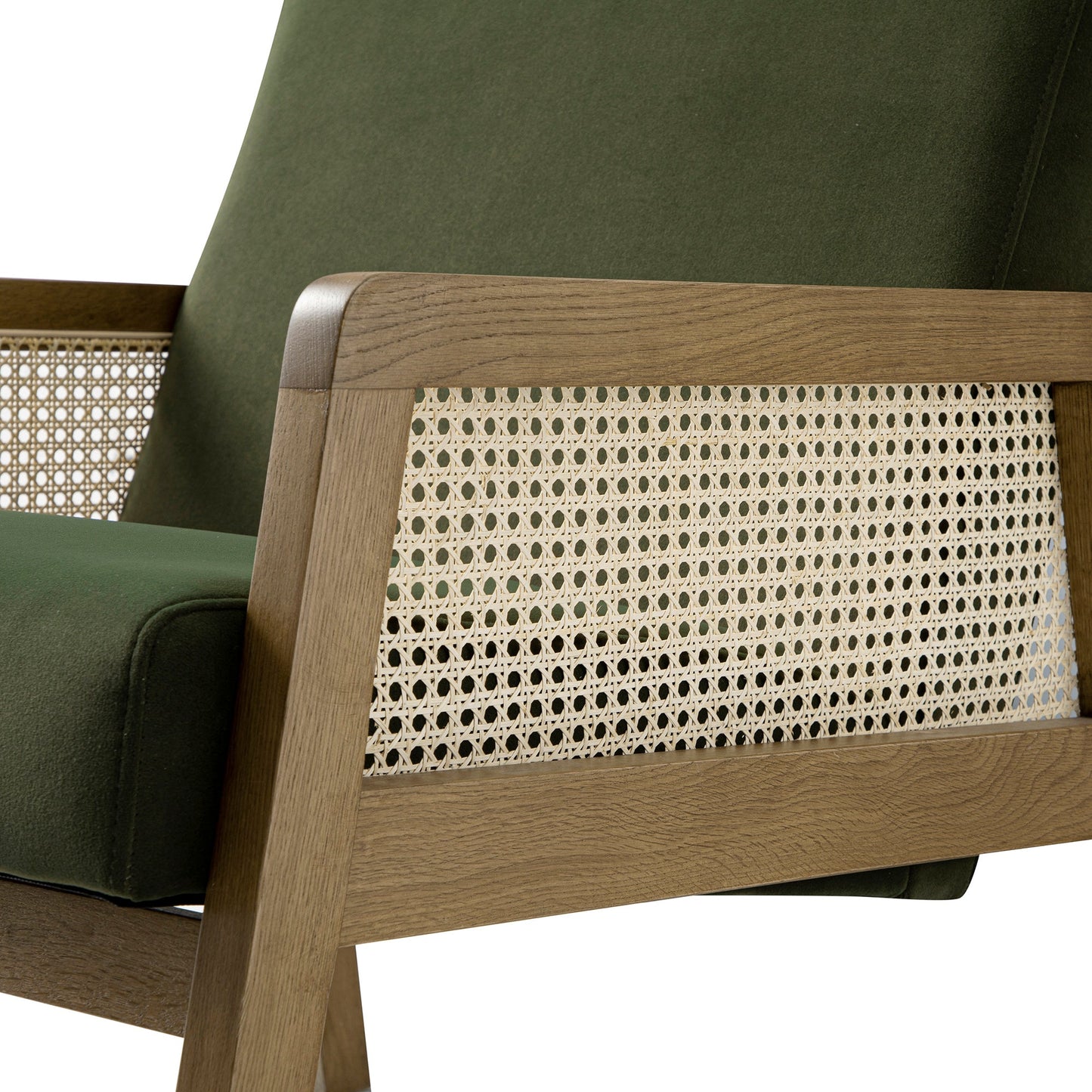 Fyne Moss Green Velvet Light Walnut Frame Rattan Armchair