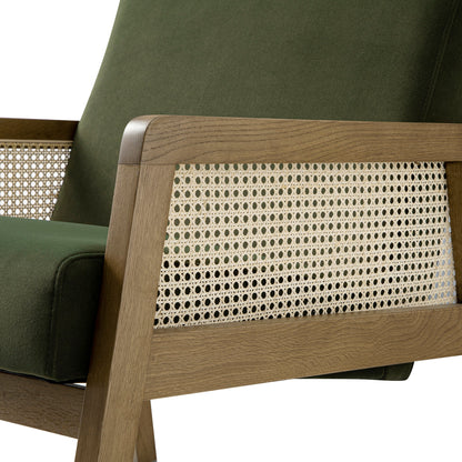 Fyne Moss Green Velvet Light Walnut Frame Rattan Armchair