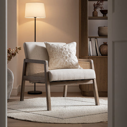 Fyne Oatmeal Fabric Weathered Oak Frame Rattan Armchair