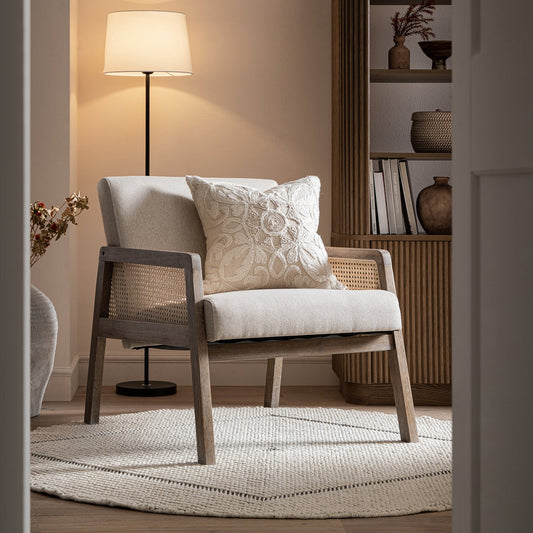 Fyne Oatmeal Fabric Weathered Oak Frame Rattan Armchair