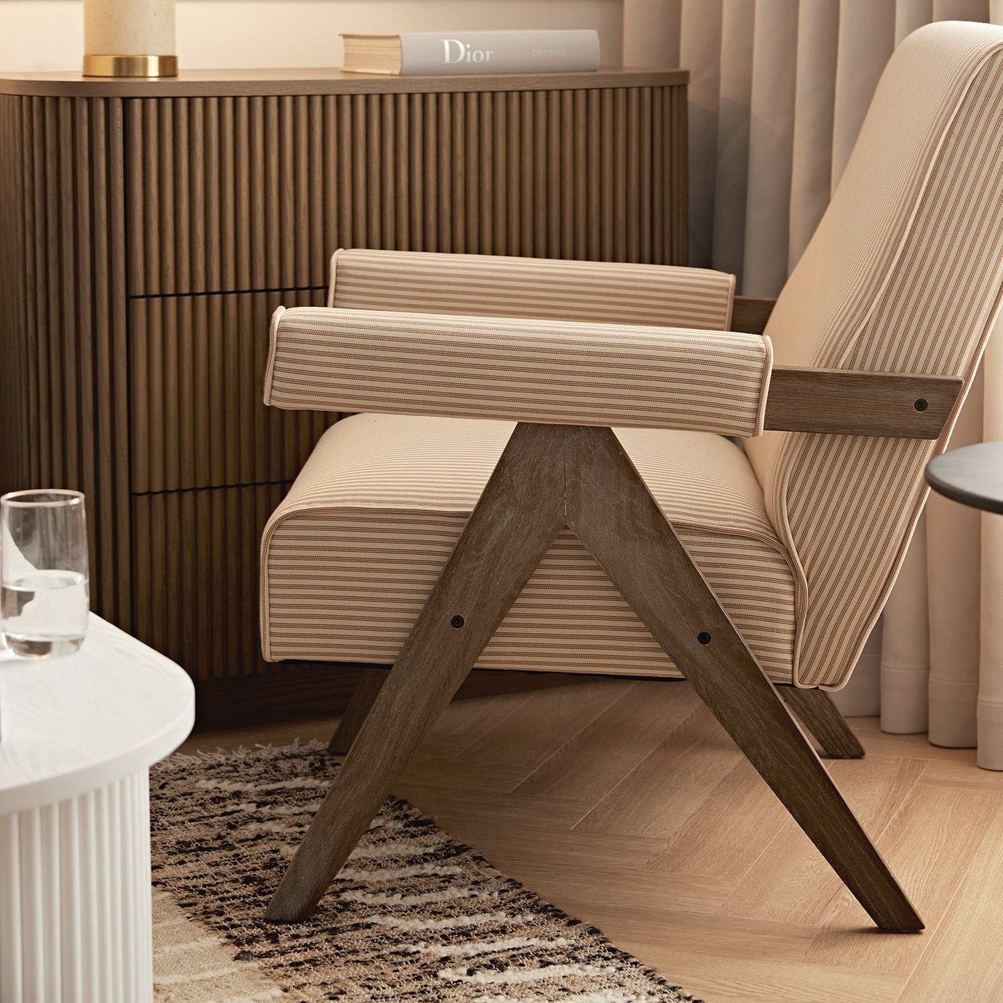 Chinnor Ochre Striped Linen Blend Weathered Oak Frame Accent Chair