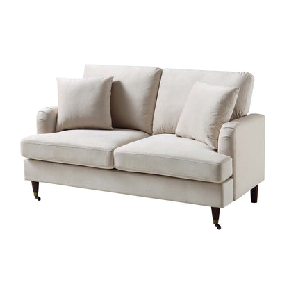Brigette 2-Seater Beige Velvet Sofa with Antique Brass Castor Legs