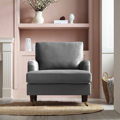 Brigette Grey Velvet Armchair with Antique Brass Castor Legs