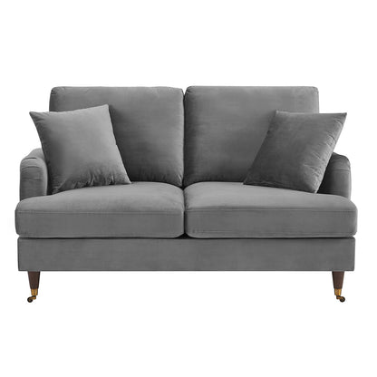 Brigette 2-Seater Grey Velvet Sofa with Antique Brass Castor Legs