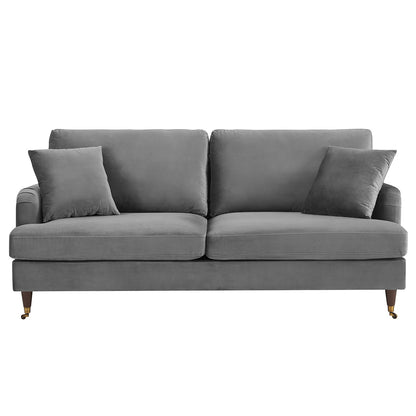 Brigette 3 Seater Grey Velvet Sofa with Antique Brass Castor Legs