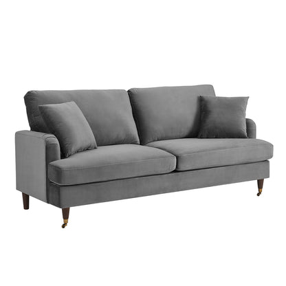 Brigette 3 Seater Grey Velvet Sofa with Antique Brass Castor Legs