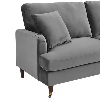 Brigette 3 Seater Grey Velvet Sofa with Antique Brass Castor Legs