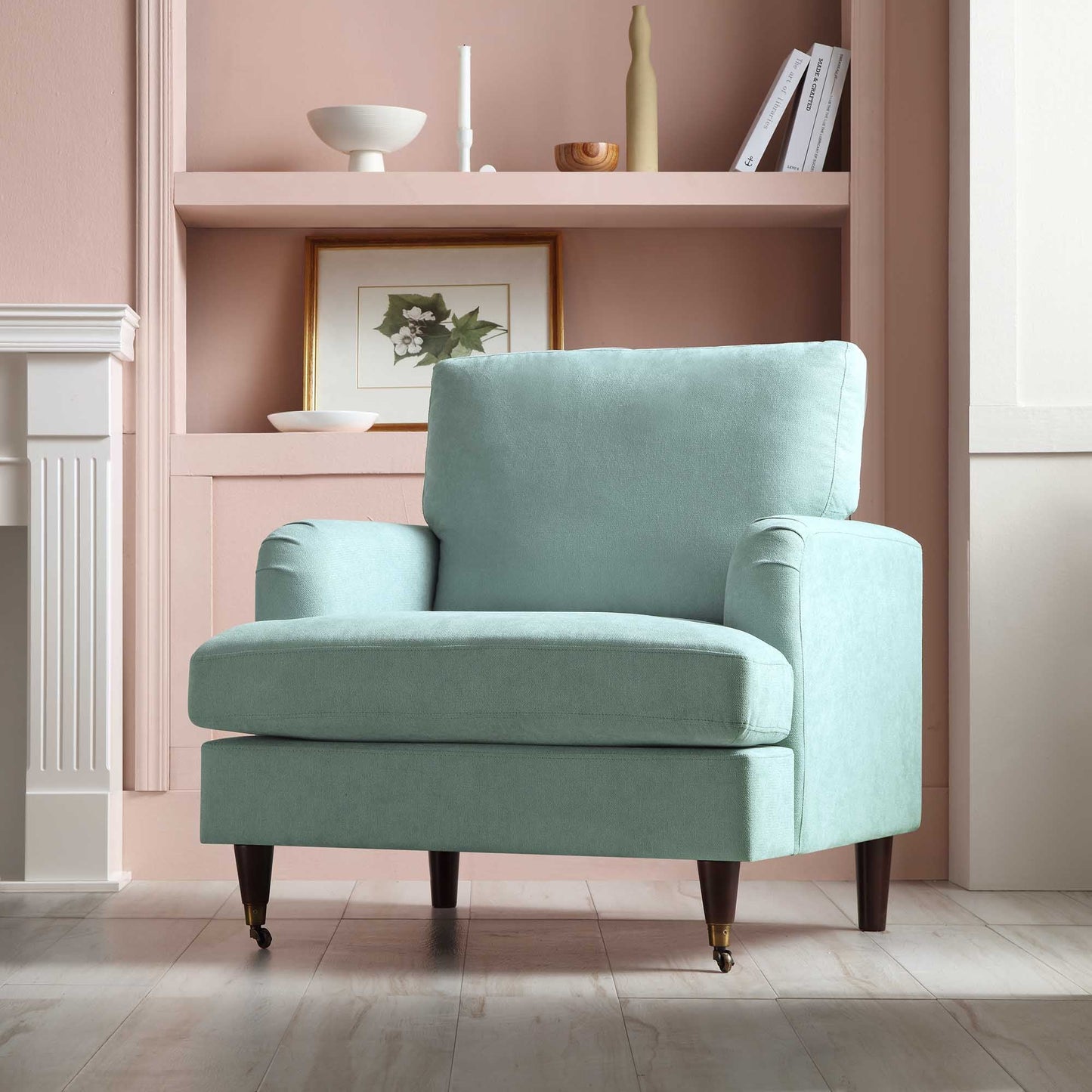 Brigette Mint Soft Brushed Fabric Armchair with Antique Brass Castor Legs