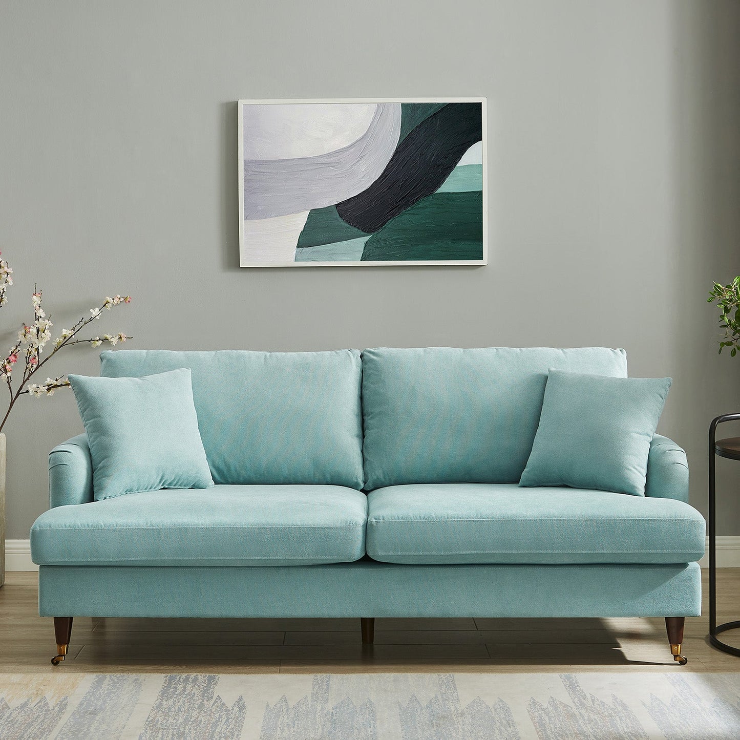 Brigette 3-Seater Mint Soft Brushed Sofa with Antique Brass Castor Legs