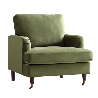 Brigette Olive Green Velvet Armchair with Antique Brass Castor Legs