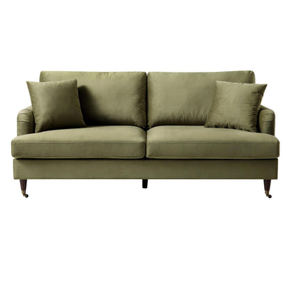 Brigette 3-Seater Olive Green Velvet Sofa with Antique Brass Castor Legs