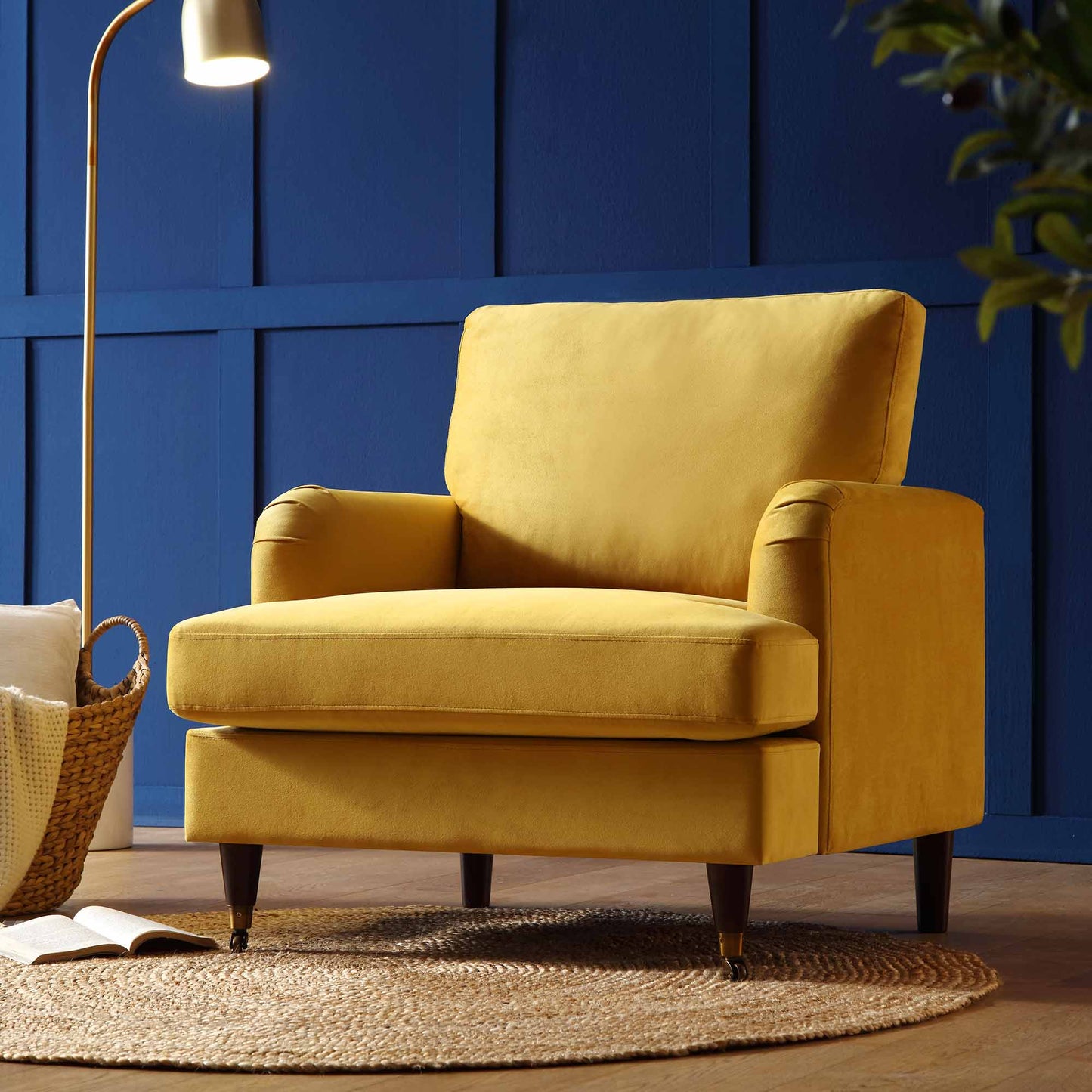 Brigette Mustard Velvet Armchair with Antique Brass Castor Legs