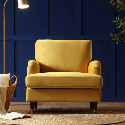 Brigette Mustard Velvet Armchair with Antique Brass Castor Legs