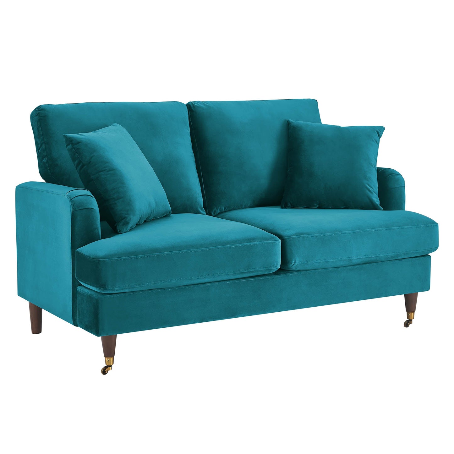 Brigette 2-Seater Teal Velvet Sofa with Antique Brass Castor Legs