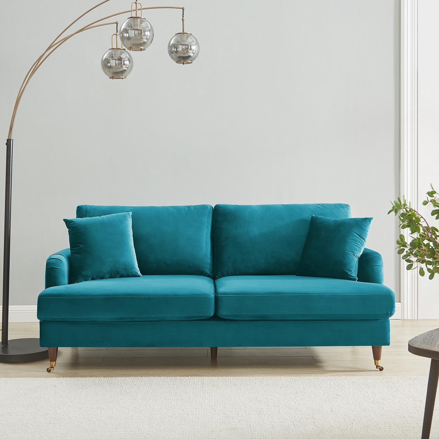 Brigette 3-Seater Teal Velvet Sofa with Antique Brass Castor Legs