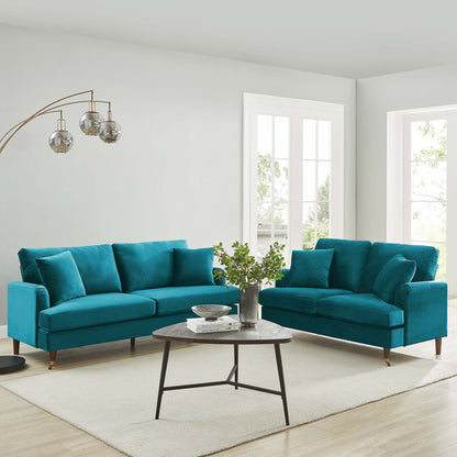 Brigette 2-Seater Teal Velvet Sofa with Antique Brass Castor Legs