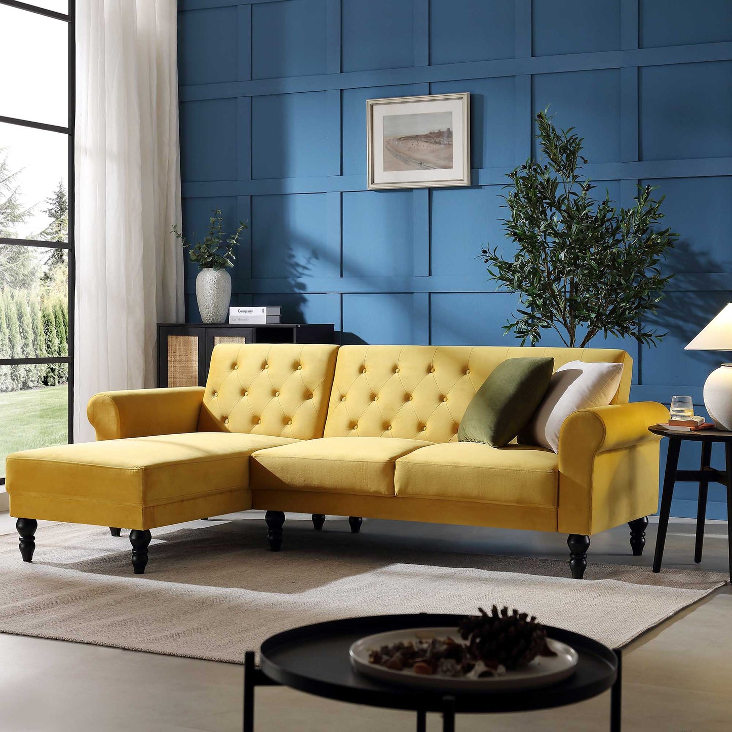 Hanney Chesterfield Chaise Sofabed in Mustard Yellow Velvet