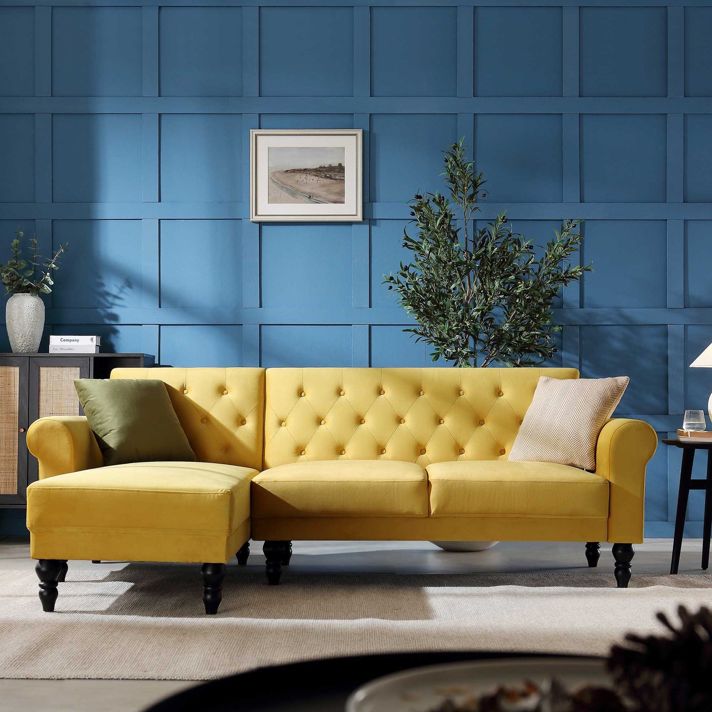 Hanney Chesterfield Chaise Sofabed in Mustard Yellow Velvet