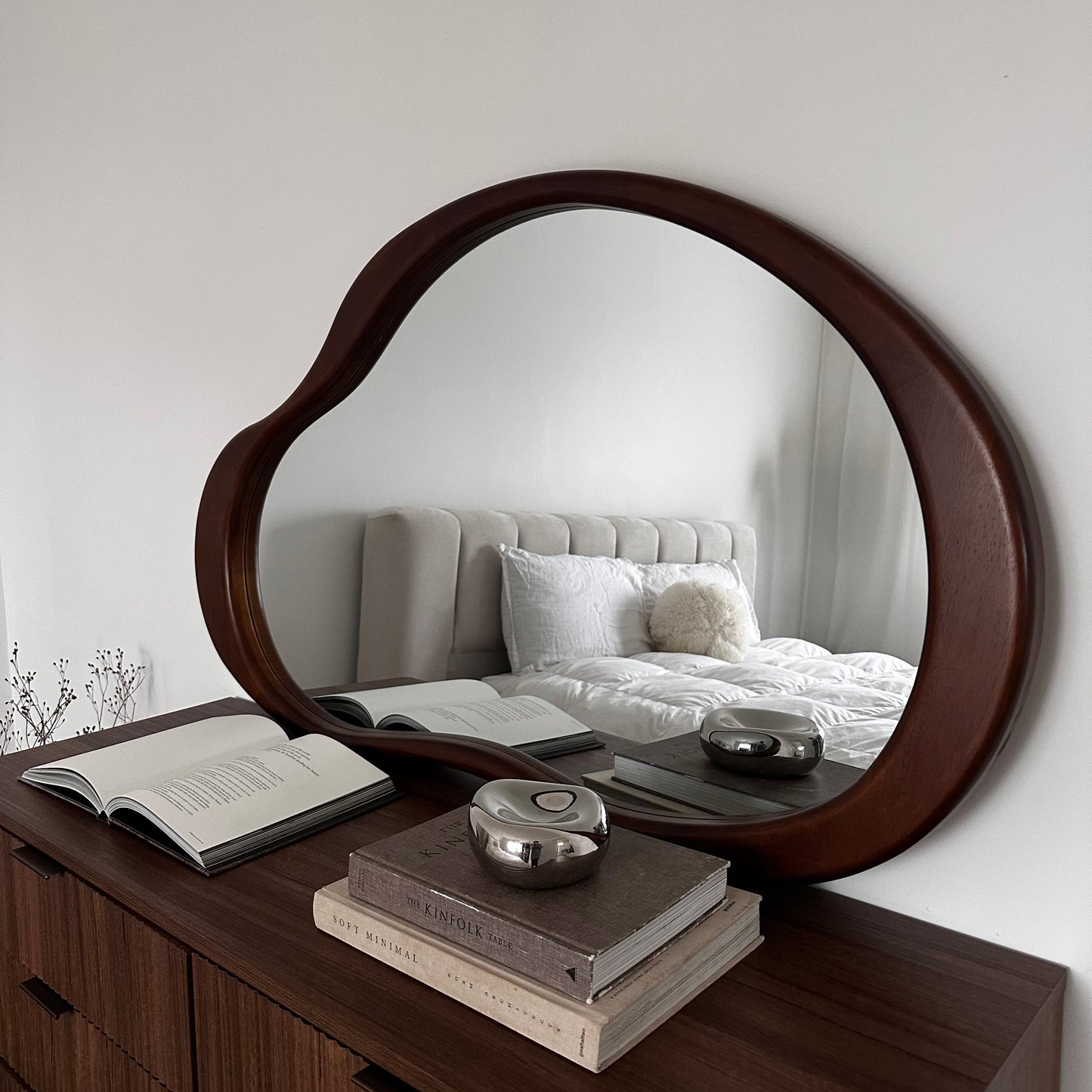 Arcurva - Large Overmantle Dark Wood Irregular Mirror 130cm x 80cm