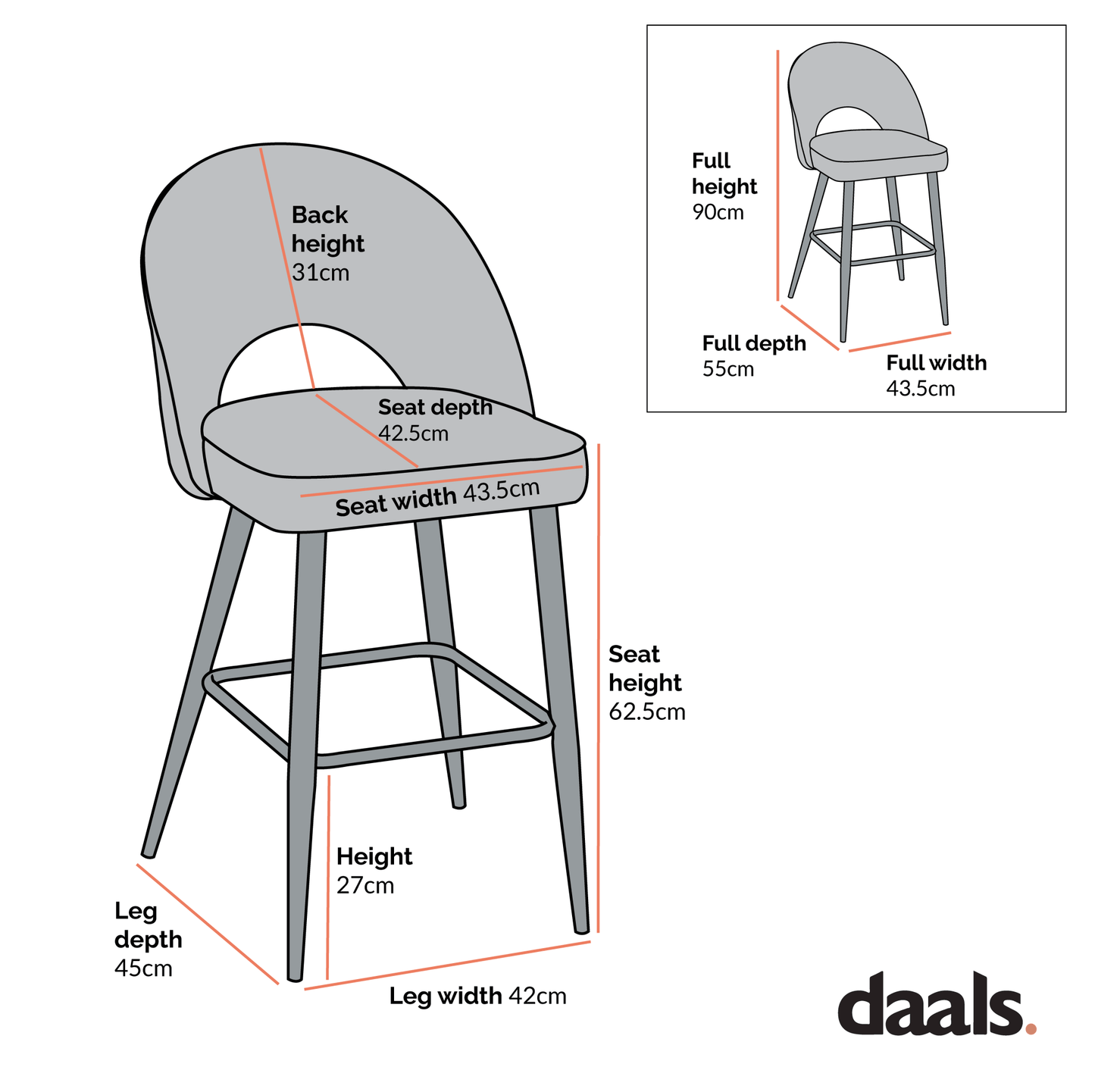 Oakley Set of 2 Orange Velvet Upholstered Counter Stools with Contrast Piping