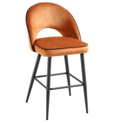Oakley Set of 2 Orange Velvet Upholstered Counter Stools with Contrast Piping