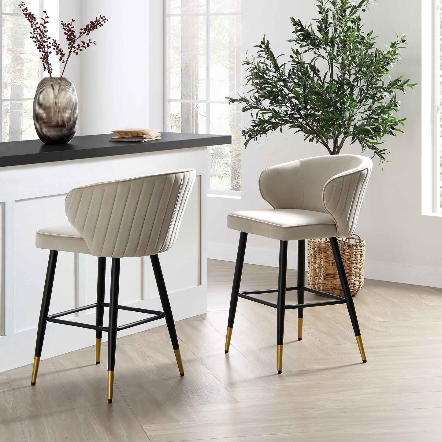 Langham Set of 2 Champagne Velvet Upholstered Carver Counter Stools