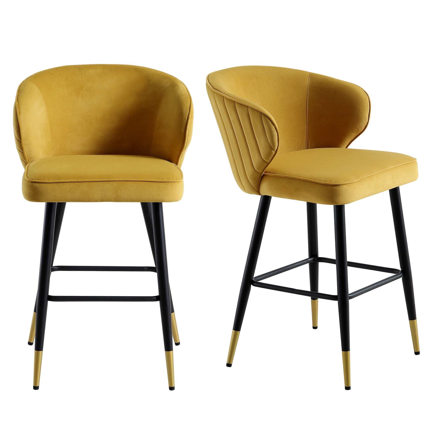 Langham Set of 2 Mustard Velvet Upholstered Carver Counter Stools