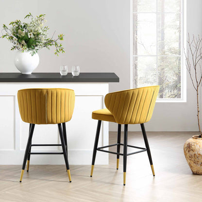 Langham Set of 2 Mustard Velvet Upholstered Carver Counter Stools