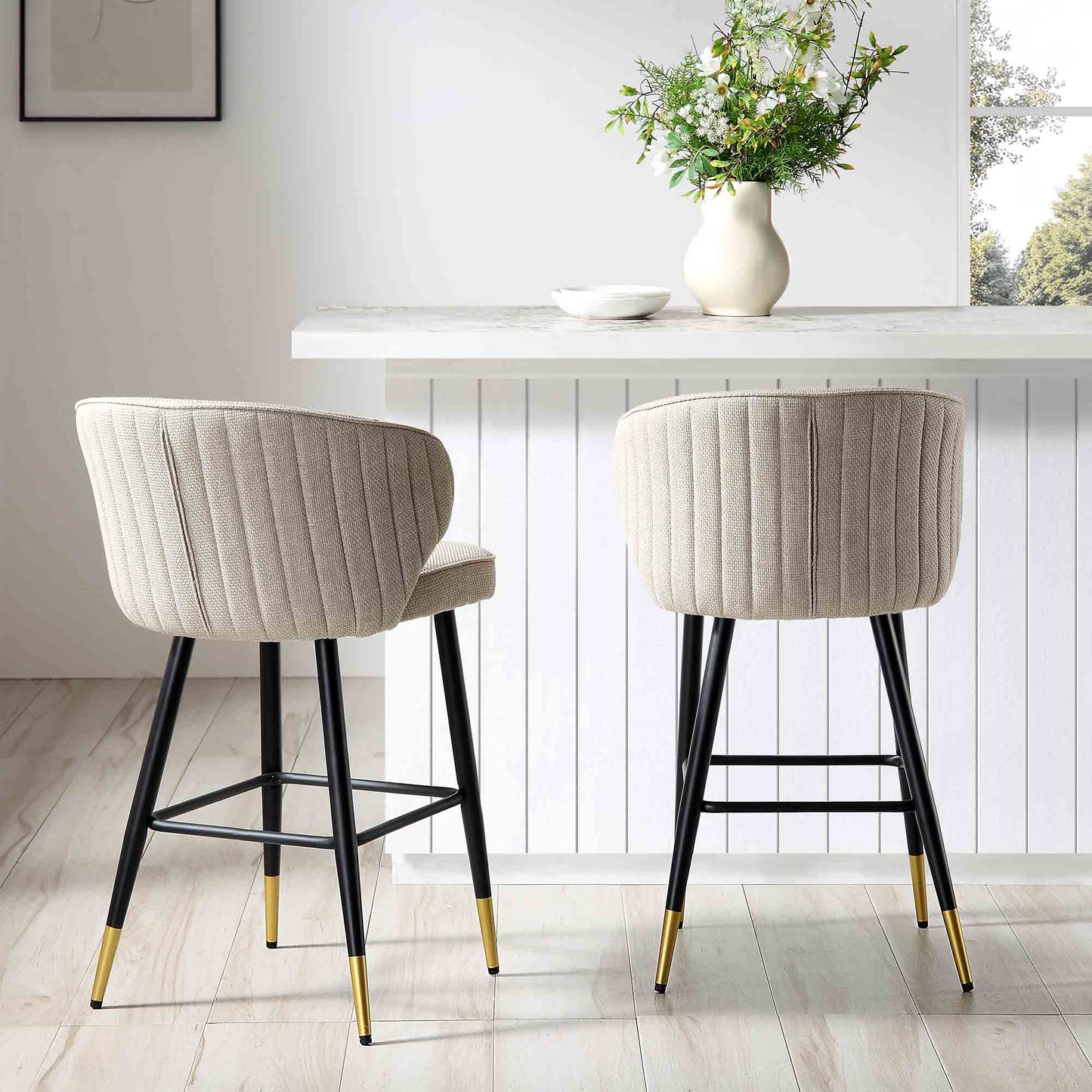 Langham Set of 2 Oatmeal Woven Fabric Upholstered Carver Counter Stools