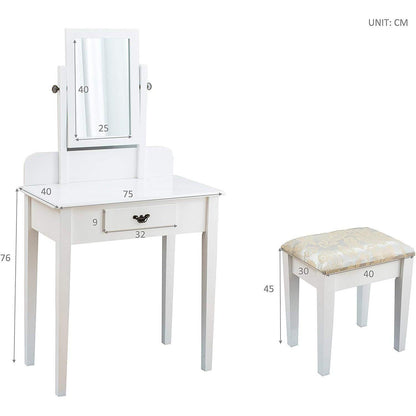1-Drawer White Dressing Table with Stool & Single Square Mirror