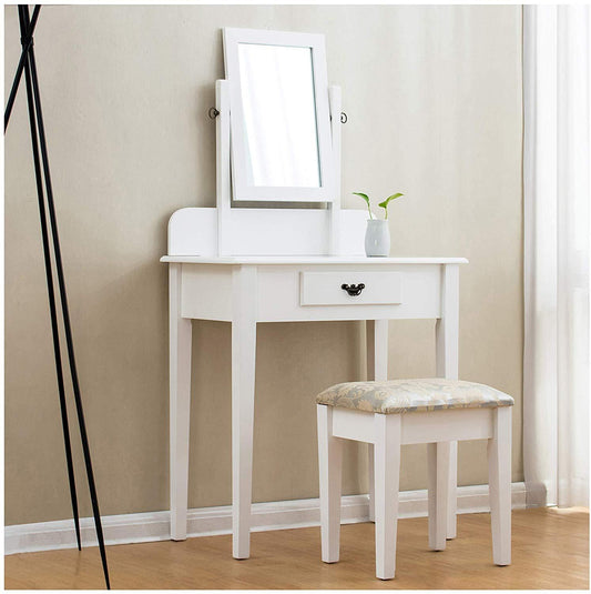 1-Drawer White Dressing Table with Stool & Single Square Mirror